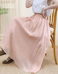 flowy long pink cotton linen skirt casual outfit
