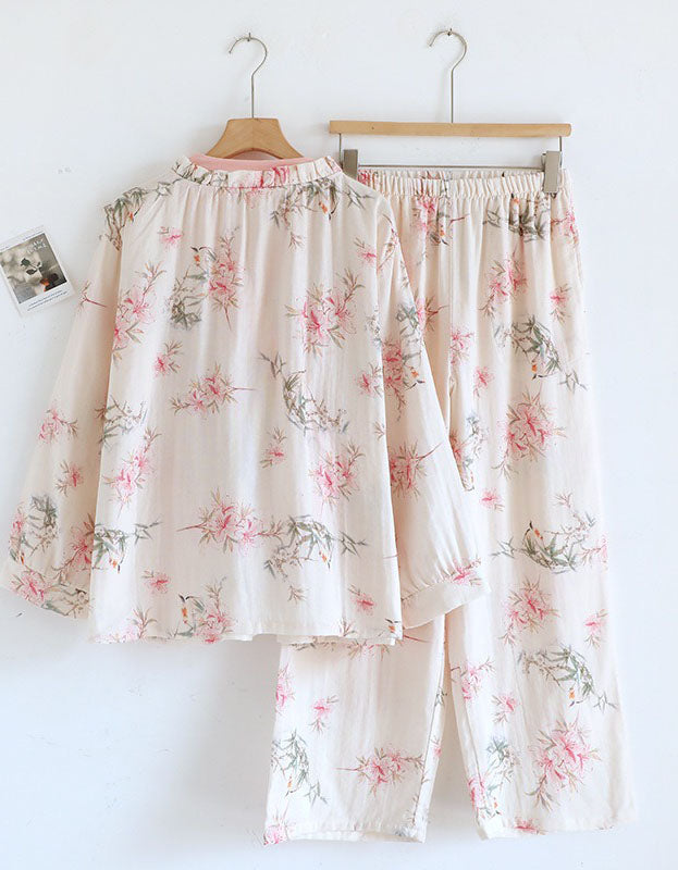 Comfortable Pure Cotton Floral Kimono Pajama Set