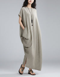 Women Oversized Linen Maxi Dress with Side Pockets