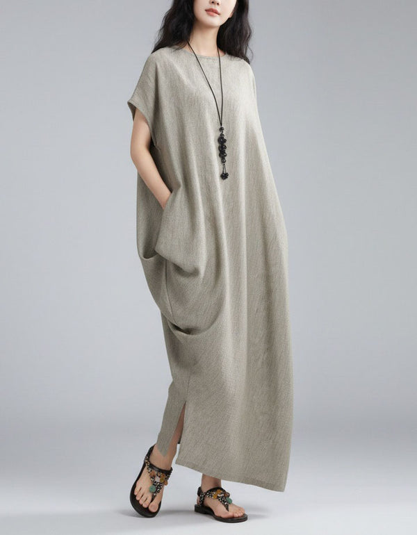 Women Oversized Linen Maxi Dress with Side Pockets