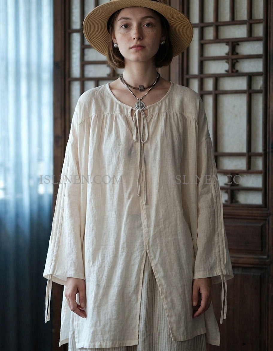 Women Linen Tie Neck Blouse Loose Fit Casual Top