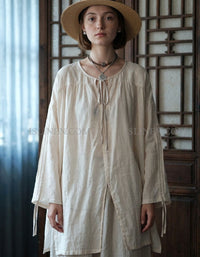 Women Linen Tie Neck Blouse Loose Fit Casual Top