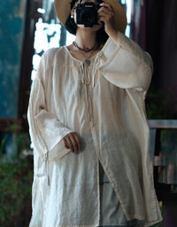 Beige Linen Tunic Top Tie Neck Long Sleeve Loose Fit