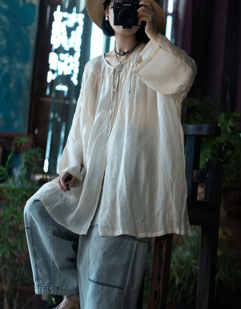 Women Casual Linen Blouse Tie Neck Relaxed Fit Top