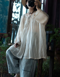 Women Casual Linen Blouse Tie Neck Relaxed Fit Top