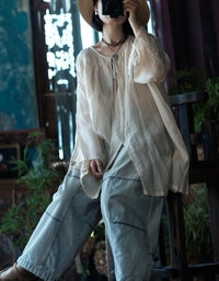 Loose Fit Linen Tunic Top Women Tie Neck Casual Wear