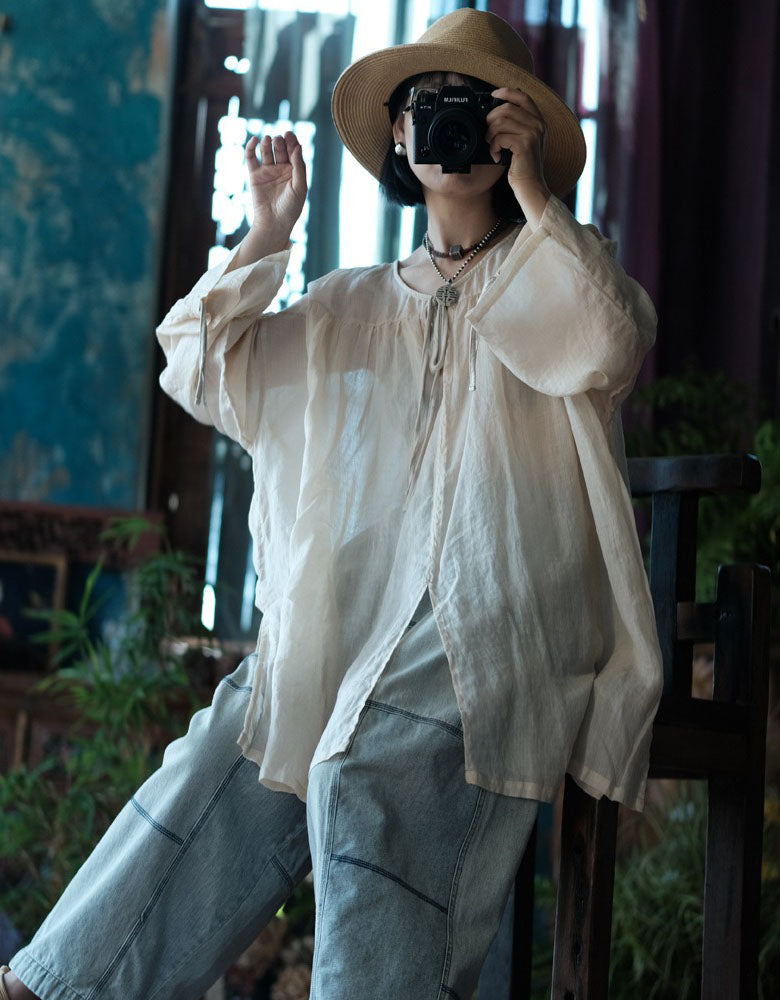 Casual Linen Tunic Top Women Loose Fit Tie Neck Style