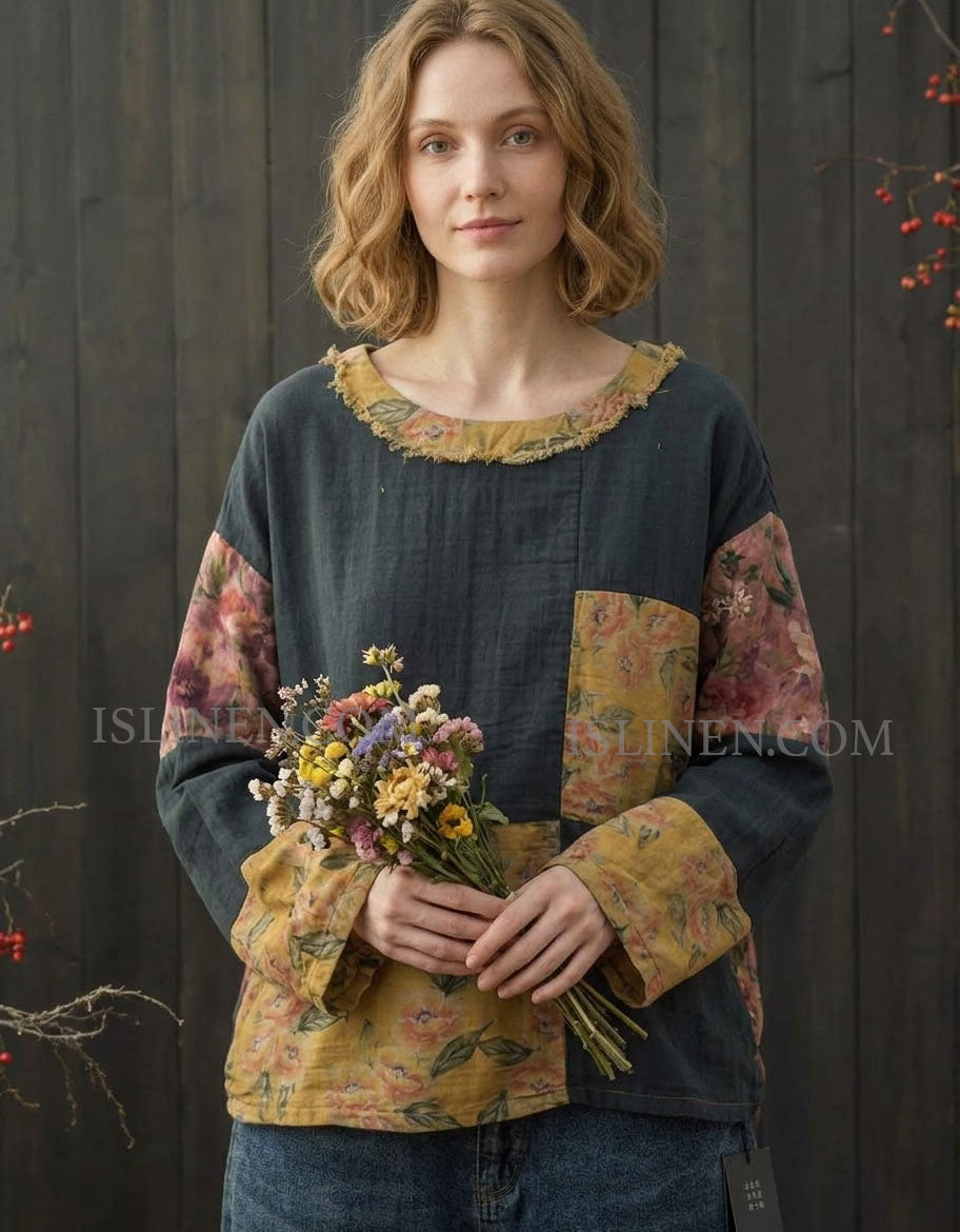 Oversized Cotton Floral Patchwork Top for Women