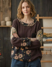 Relaxed Fit Long Sleeve Patchwork Blouse with Flowers