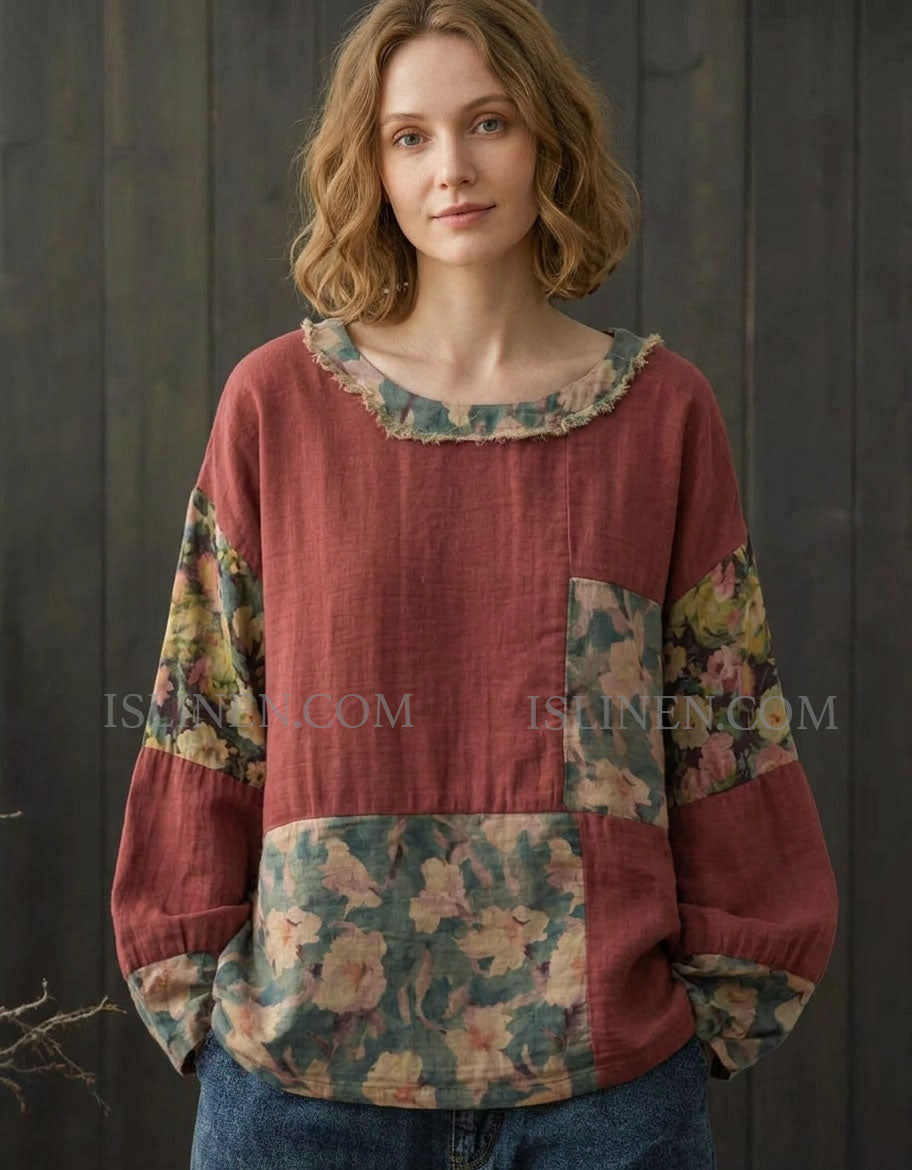 Casual Vintage Style Patchwork Floral Shirt for Women
