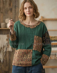 Women’s Boho Patchwork Floral Cotton Loose Blouse