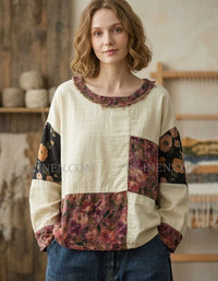 Women’s Patchwork Floral Loose Blouse with Long Sleeves