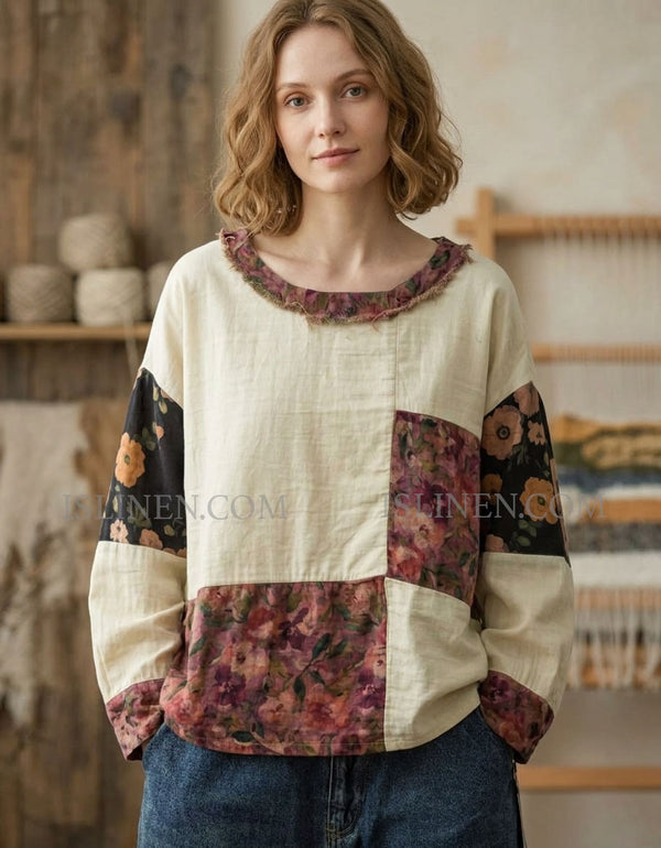 Women’s Patchwork Floral Loose Blouse with Long Sleeves