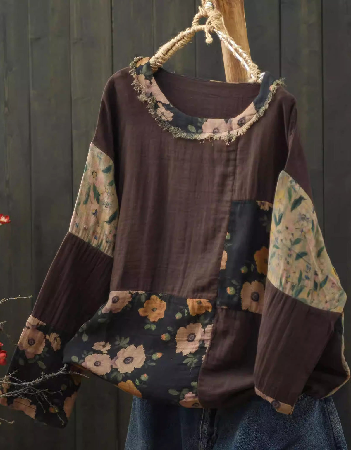 Vintage Patchwork Blouse with Flower Print and Long Sleeves