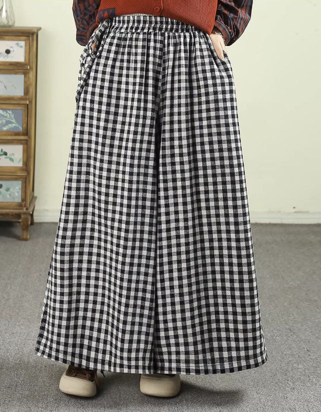 Women Gingham Wide Leg Pants Loose Fit Casual Style