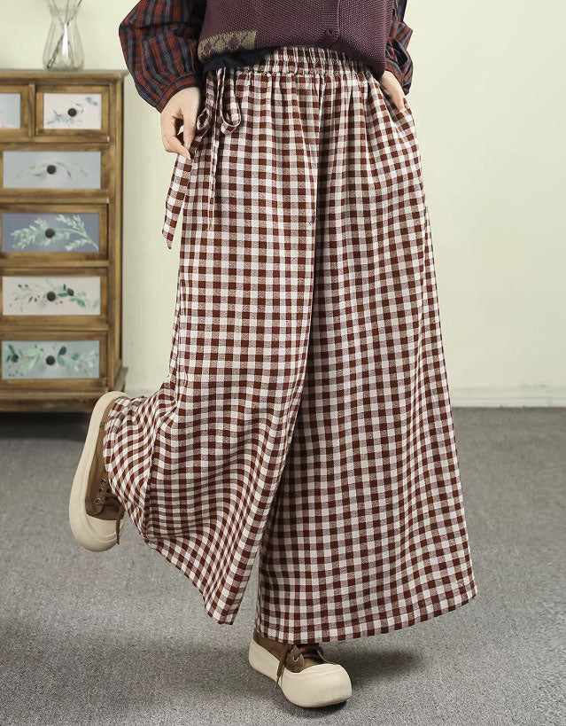 Gingham Wide Leg Pants Women Elastic Waist Loose Fit