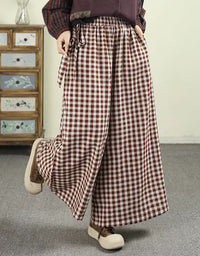 Gingham Wide Leg Pants Women Elastic Waist Loose Fit
