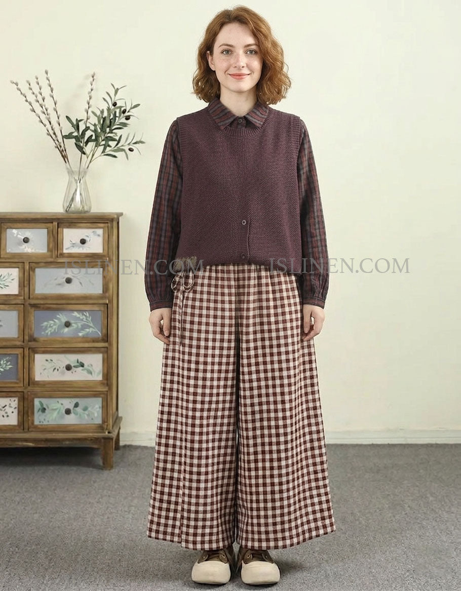 Black White Gingham Pants Women Loose Wide Leg Fit