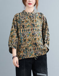 Comfortable Retro Patchwork Print Cotton Linen Shirt