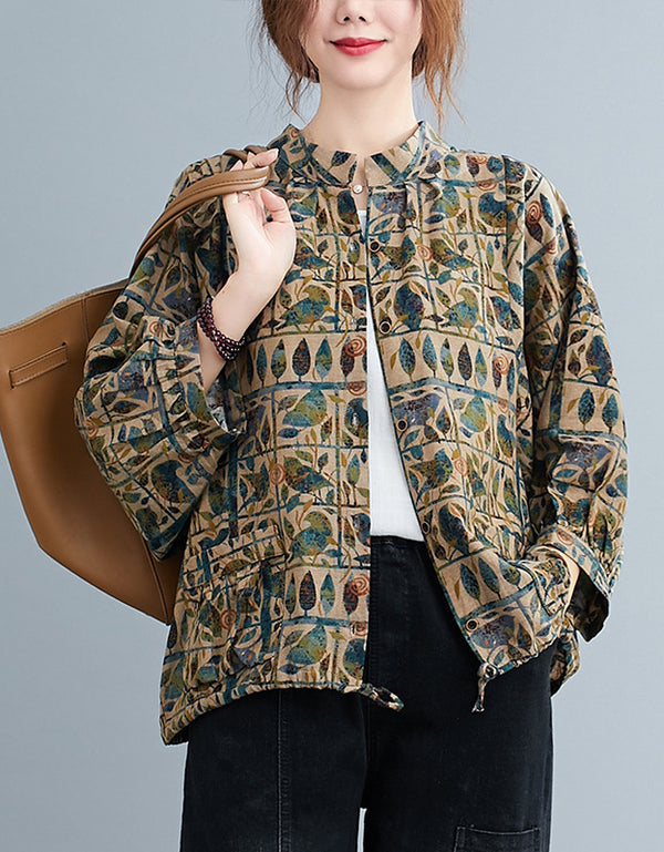 Comfortable Retro Patchwork Print Cotton Linen Shirt