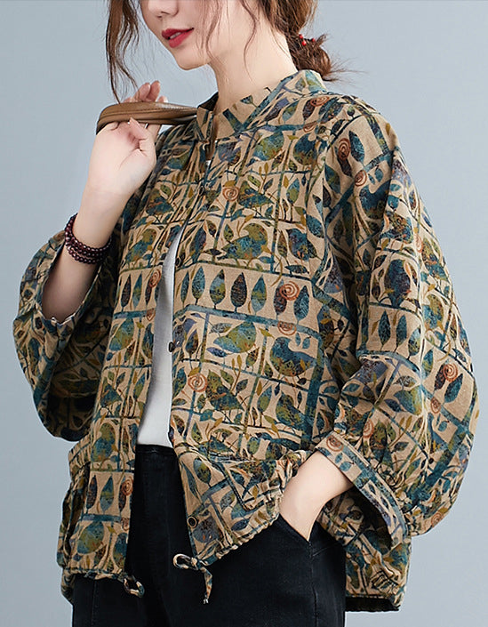 Comfortable Retro Patchwork Print Cotton Linen Shirt
