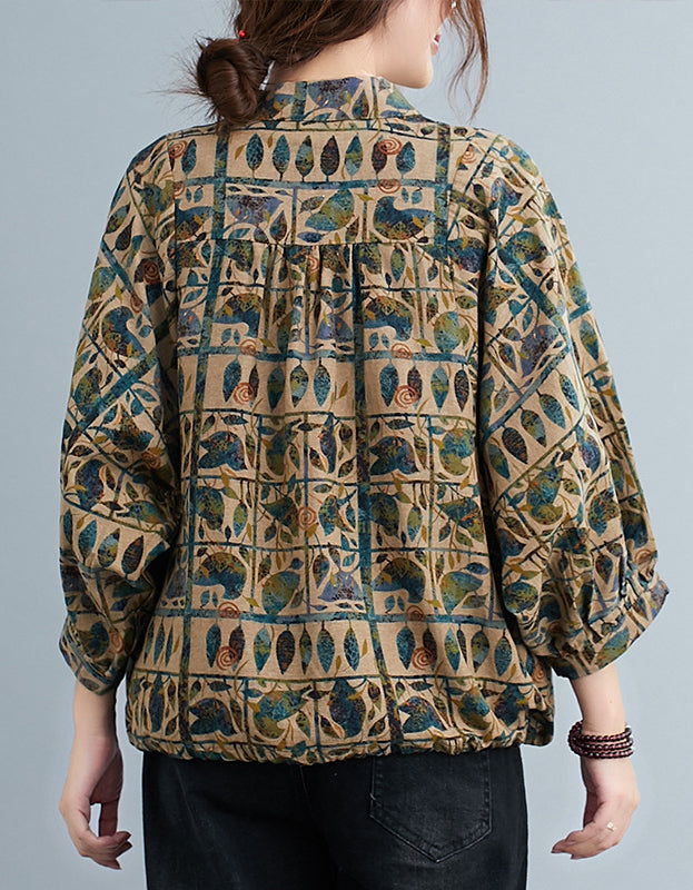 Comfortable Retro Patchwork Print Cotton Linen Shirt
