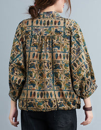 Comfortable Retro Patchwork Print Cotton Linen Shirt