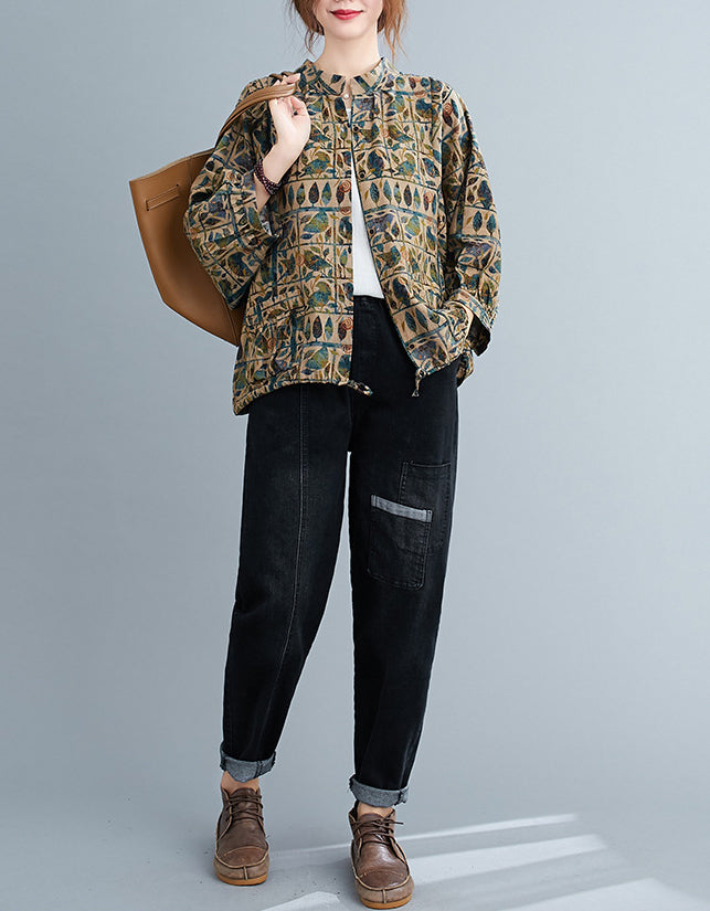 Comfortable Retro Patchwork Print Cotton Linen Shirt