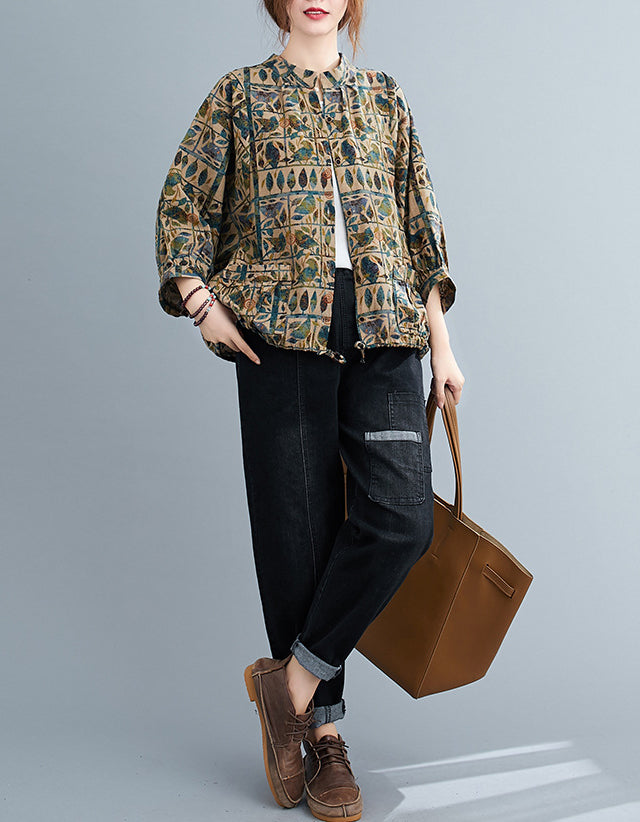 Comfortable Retro Patchwork Print Cotton Linen Shirt