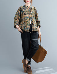 Comfortable Retro Patchwork Print Cotton Linen Shirt
