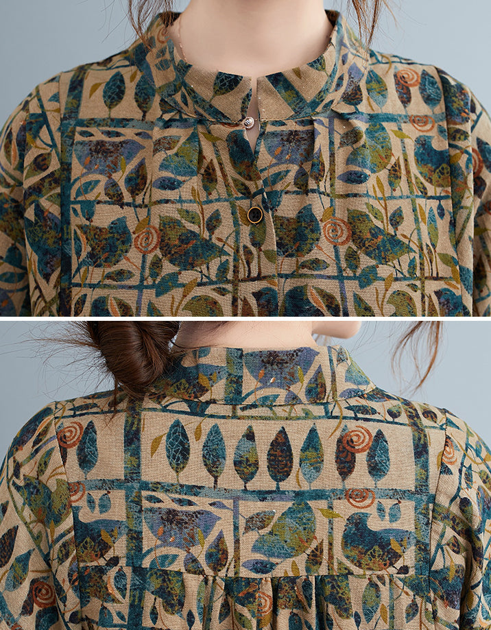 Comfortable Retro Patchwork Print Cotton Linen Shirt
