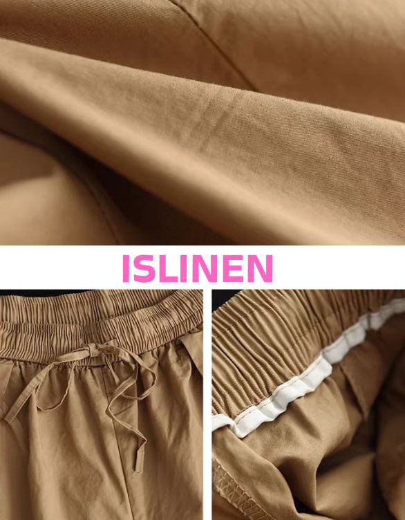 Close-up of comfortable cotton linen wide leg pants women