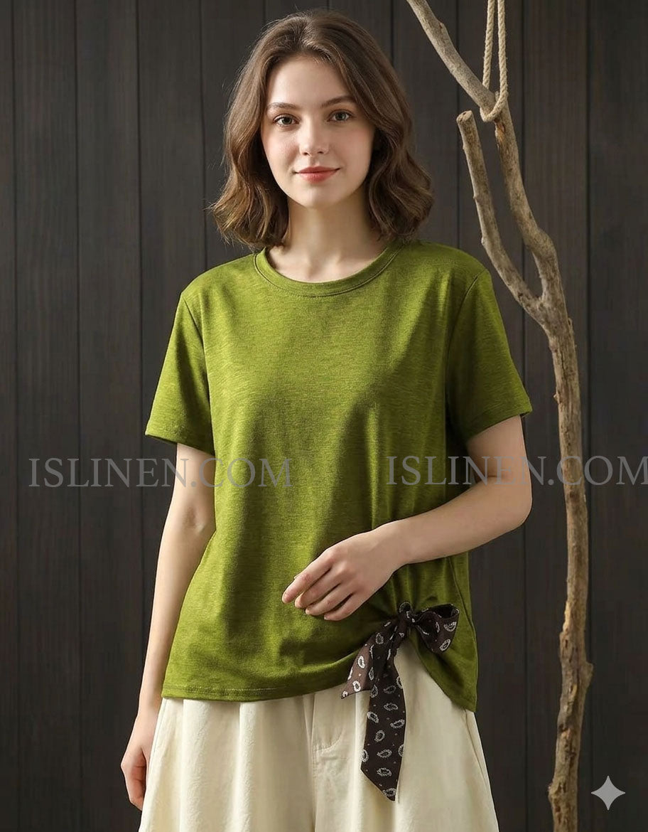 Women Cotton T Shirt Side Tie Detail Loose Fit Casual Top