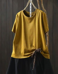Cotton T Shirt Women Side Tie Loose Fit Round Neck Top