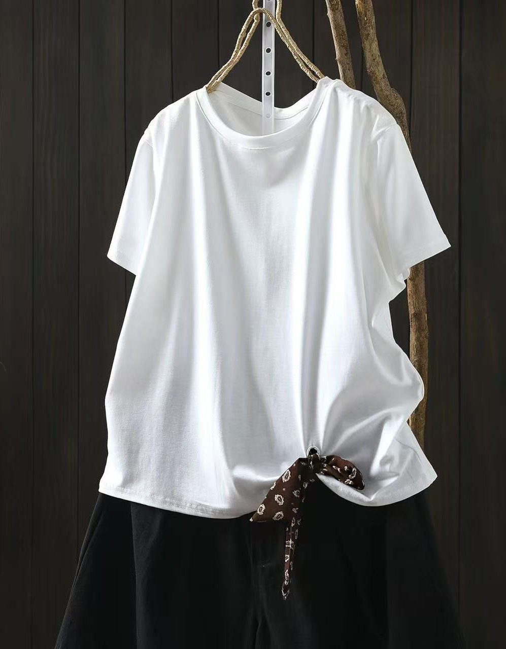 Women Side Tie Cotton Tee Loose Fit Short Sleeve Casual Top