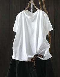 Women Side Tie Cotton Tee Loose Fit Short Sleeve Casual Top
