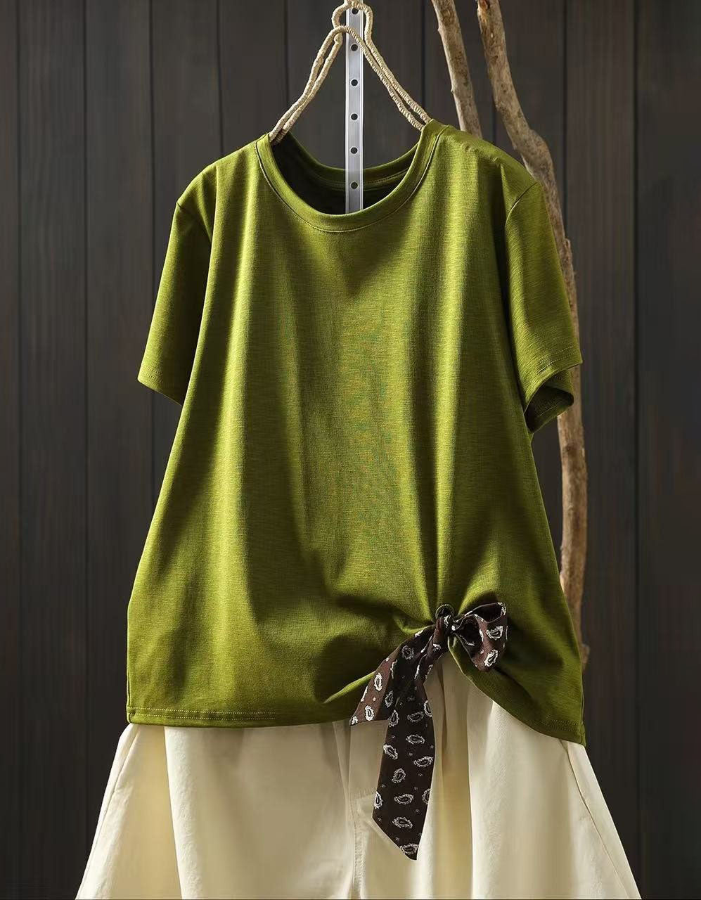 Women Side Tie Cotton T Shirt Short Sleeve Loose Fit Top