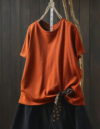 Women Loose Cotton Tee Side Tie Detail Casual Summer Top