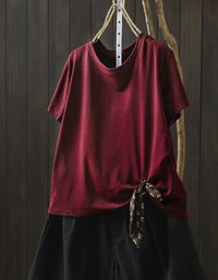 Women Casual Cotton Tee Side Tie Loose Fit Summer Top