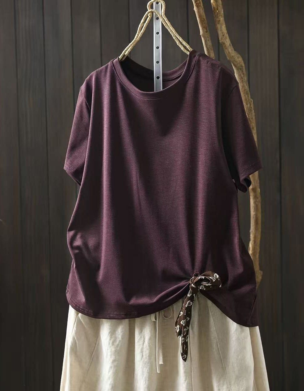 Women Soft Cotton T Shirt Side Tie Detail Loose Fit Top
