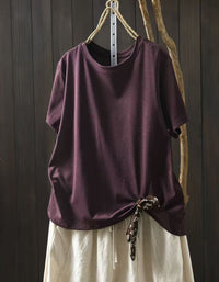 Women Soft Cotton T Shirt Side Tie Detail Loose Fit Top