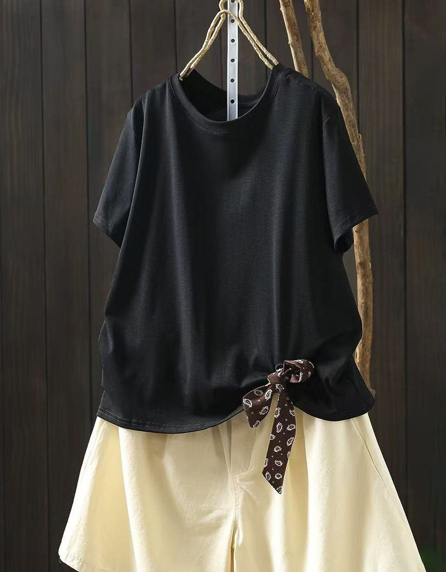 Women Solid Cotton Tee Round Neck Loose Fit Casual Summer