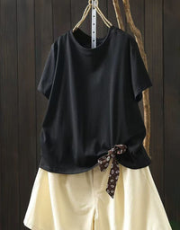 Women Solid Cotton Tee Round Neck Loose Fit Casual Summer