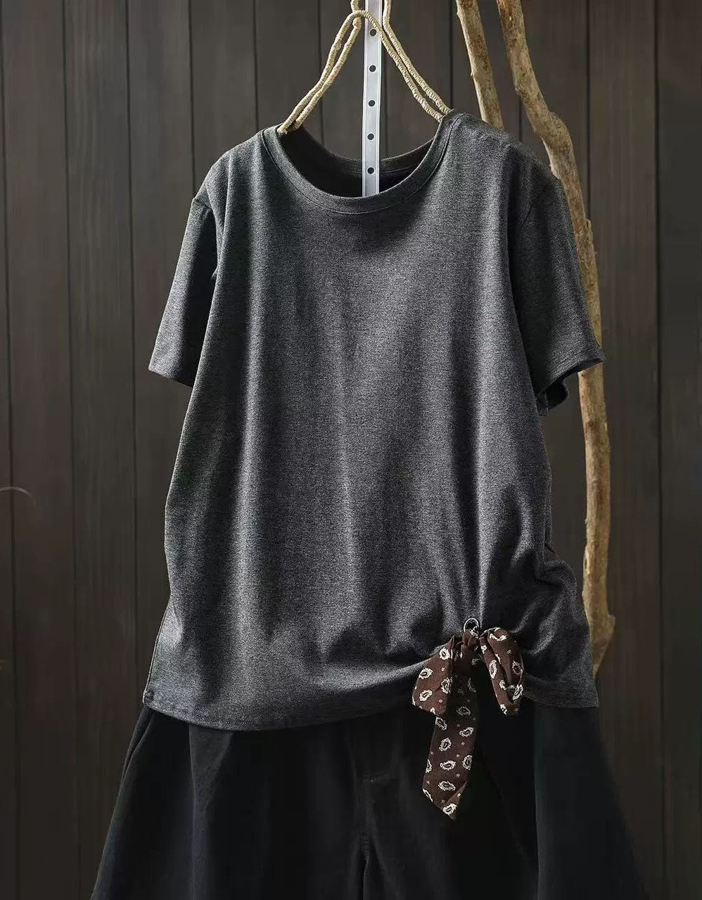 Women Round Neck Cotton Tee Side Tie Loose Casual Top