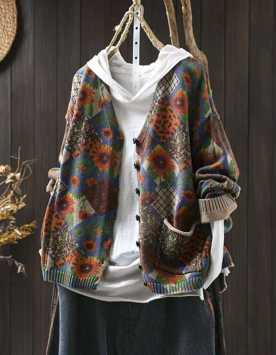 Comfortable Vintage Floral V-Neck Sweater