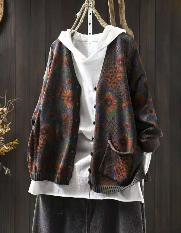 Comfortable Vintage Floral V-Neck Sweater