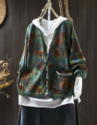 Comfortable Vintage Floral V-Neck Sweater
