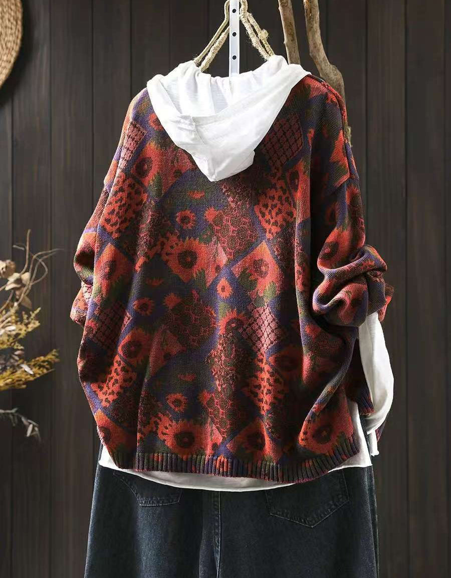 Comfortable Vintage Floral V-Neck Sweater