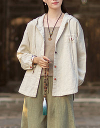 Women's Vintage Linen Hooded Jacket – Loose Button Front Casual Jacket