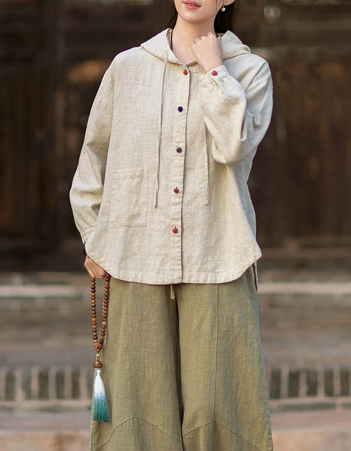 Women's Japanese Style Linen Jacket – Loose Hooded Vintage Outerwear